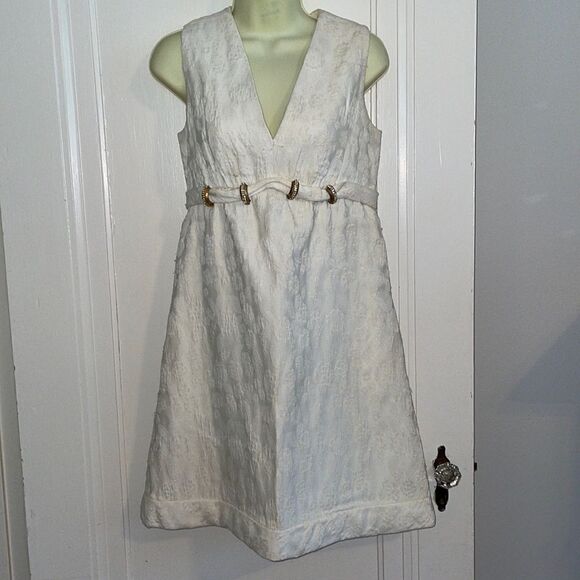 Vtg 60s Kent Originals Ltd‎ white brocade V neck dress with rhinestone detailing